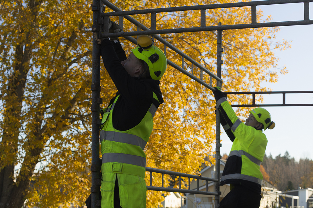 opiskelijat pystyttävät rakennustelineitä